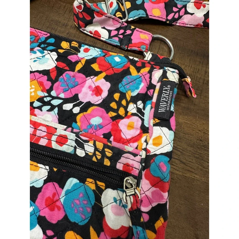 Waverly Inspirations Floral Quilted Crossbody Bag Black Pink‎ Blue Multi Pocket